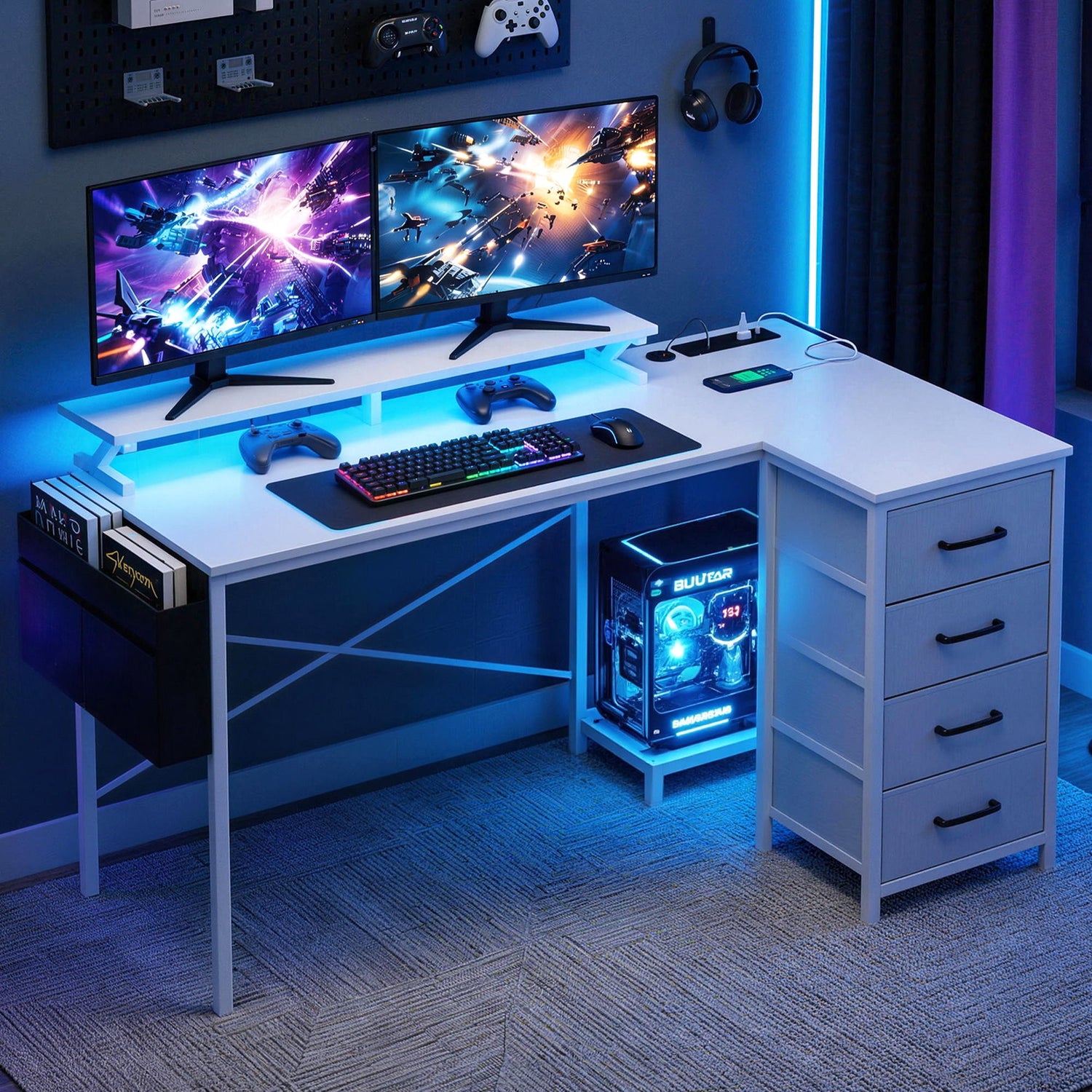 Artiss 140cm L Shaped Gaming Desk Computer Desk with LED Lights &amp; Power Outlets-Furniture > Office > Desks-PEROZ Accessories