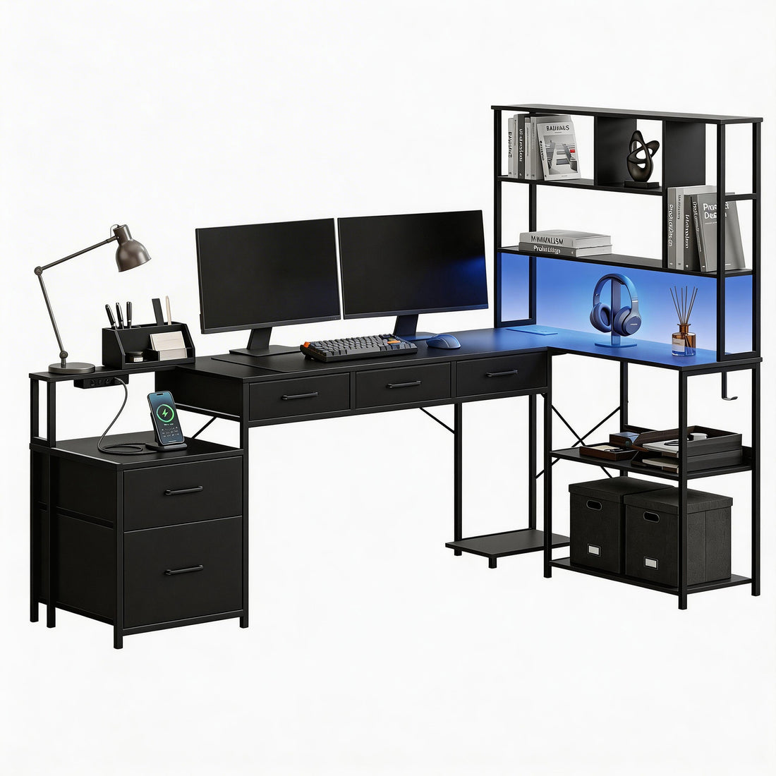 Artiss 200cm L Shaped Gaming Desk Computer Desk with LED Lights &amp; Power Outlets-Furniture > Office > Desks-PEROZ Accessories