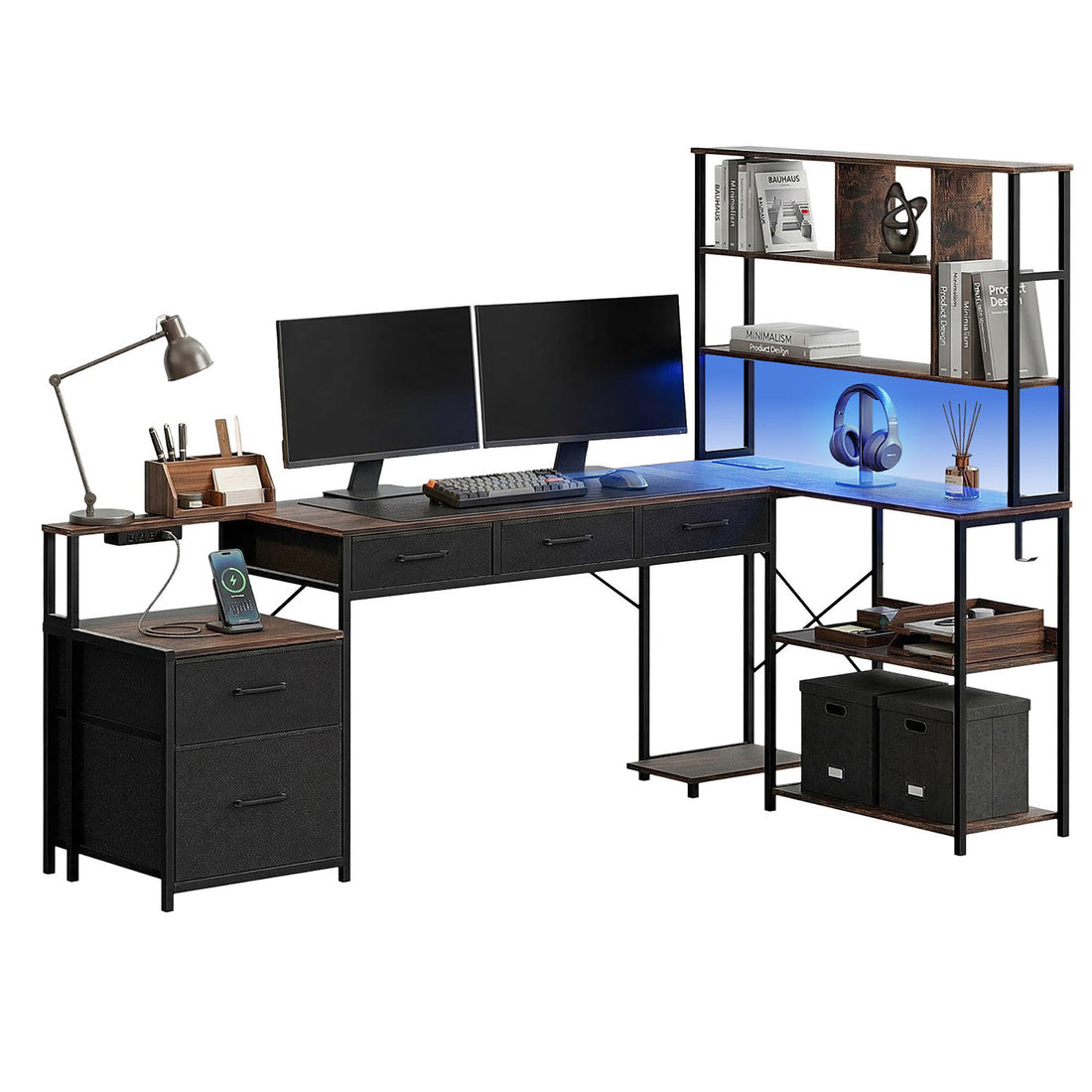 Artiss 200cm L Shaped Gaming Desk Computer Desk with LED Lights &amp; Power Outlets-Furniture > Office > Desks-PEROZ Accessories