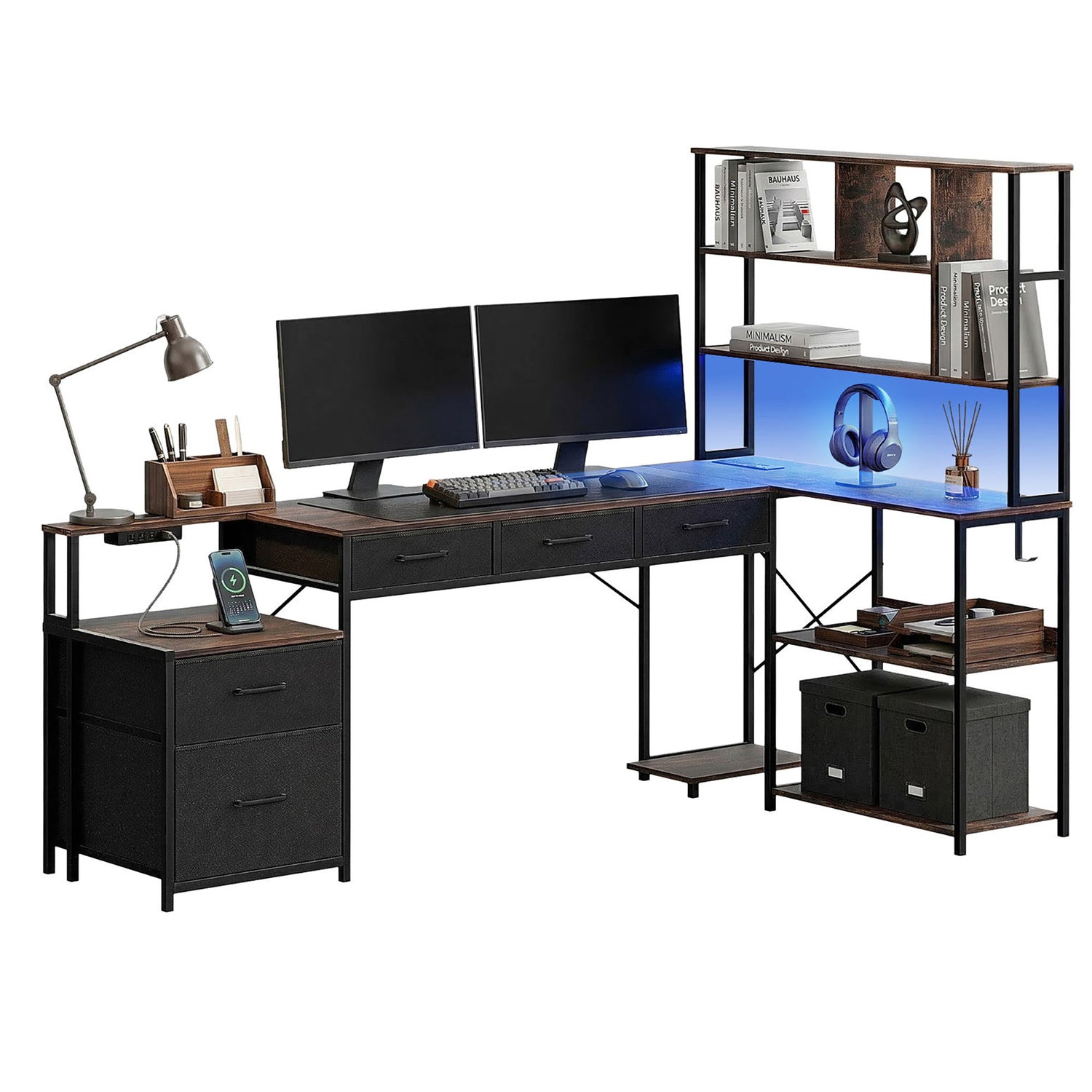 Artiss 200cm L Shaped Gaming Desk Computer Desk with LED Lights &amp; Power Outlets-Furniture > Office > Desks-PEROZ Accessories