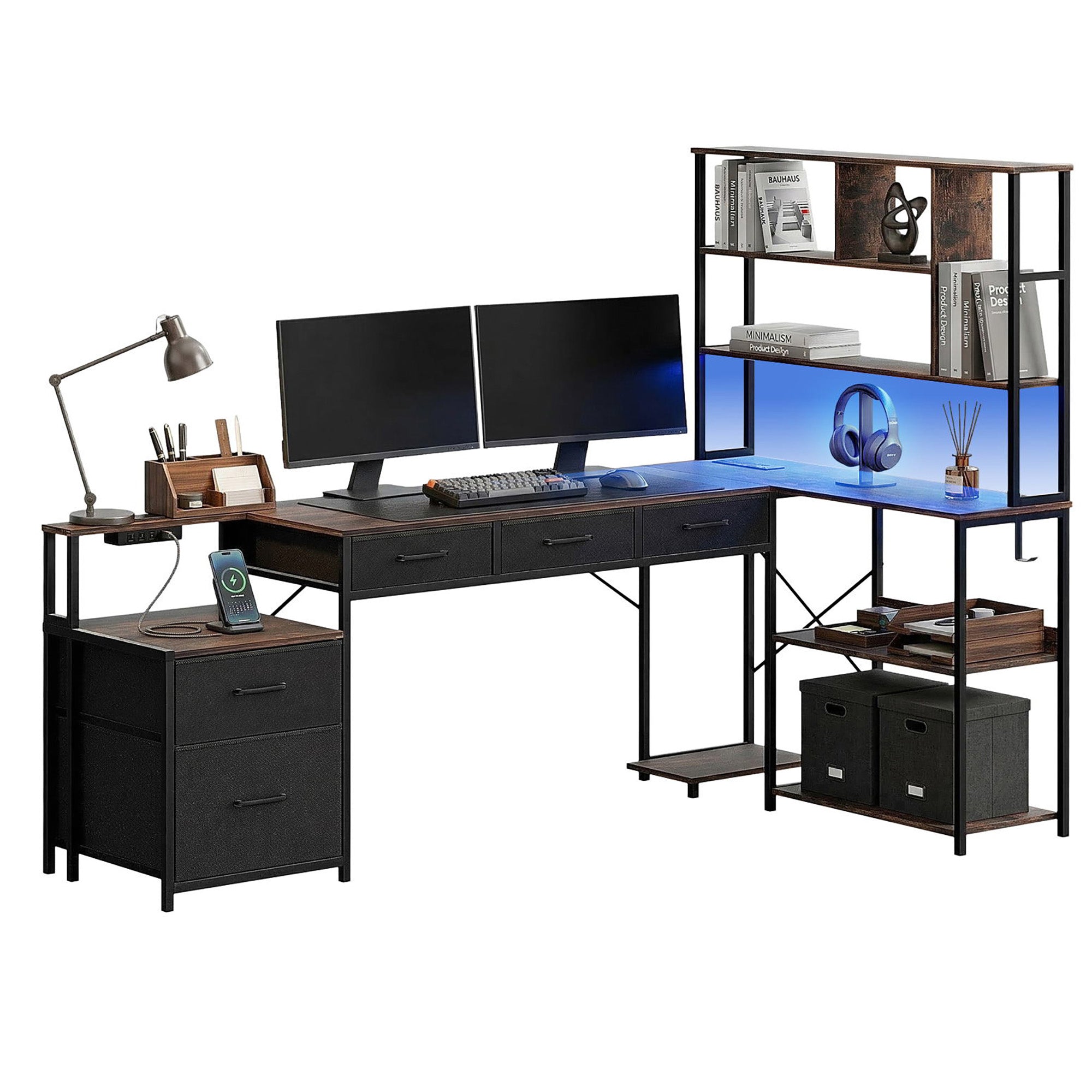 Artiss 200cm L Shaped Gaming Desk Computer Desk with LED Lights &amp; Power Outlets-Furniture > Office > Desks-PEROZ Accessories