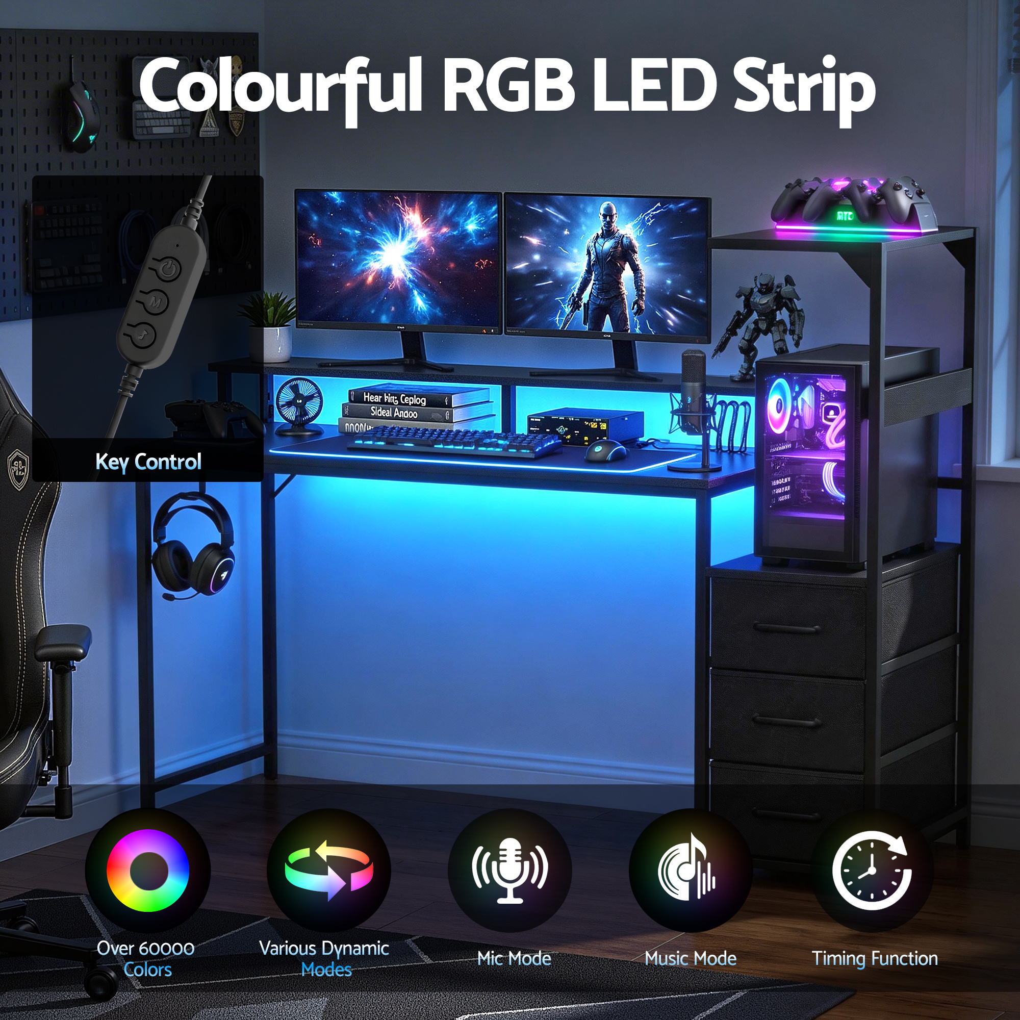 Artiss 145cm L Shaped Gaming Desk Computer Desk with LED Lights &amp; Power Outlets-Furniture > Office > Desks-PEROZ Accessories