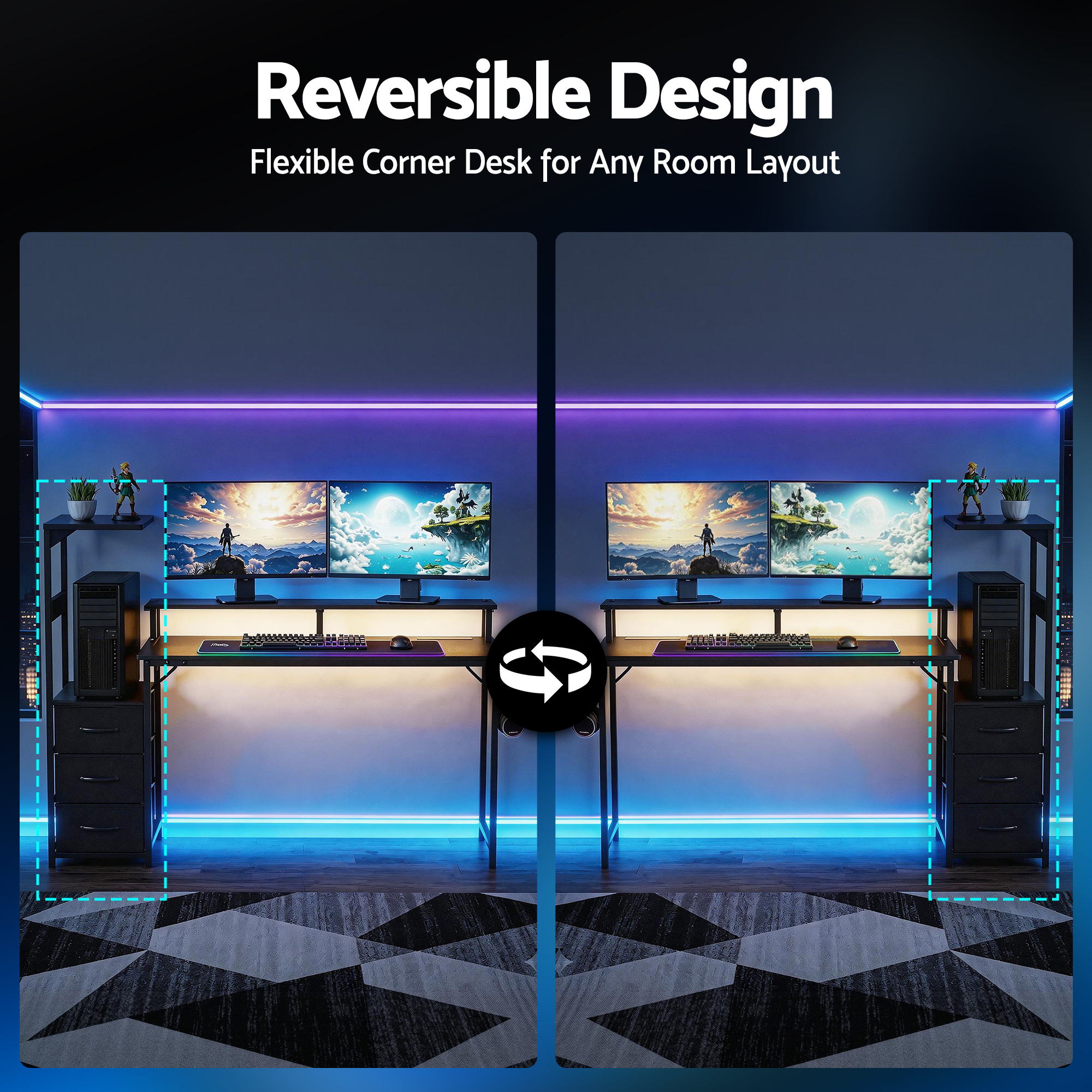 Artiss 145cm L Shaped Gaming Desk Computer Desk with LED Lights &amp; Power Outlets-Furniture > Office > Desks-PEROZ Accessories