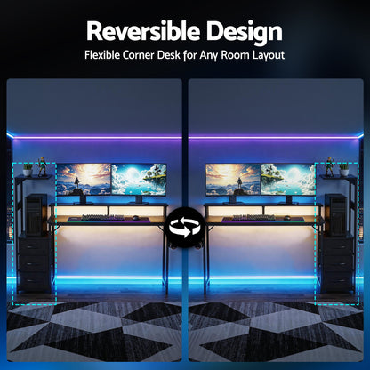Artiss 145cm L Shaped Gaming Desk Computer Desk with LED Lights &amp; Power Outlets-Furniture > Office > Desks-PEROZ Accessories