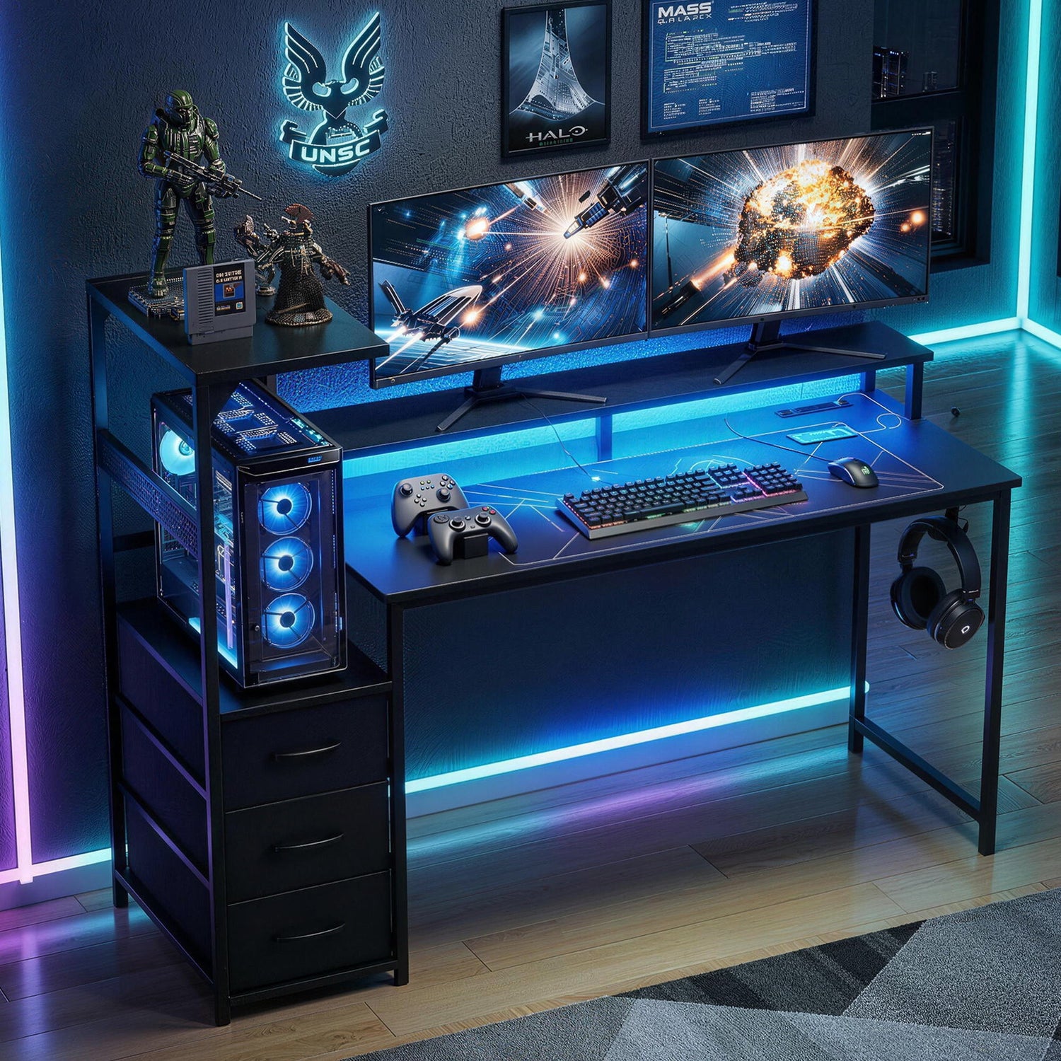 Artiss 145cm L Shaped Gaming Desk Computer Desk with LED Lights &amp; Power Outlets-Furniture > Office > Desks-PEROZ Accessories