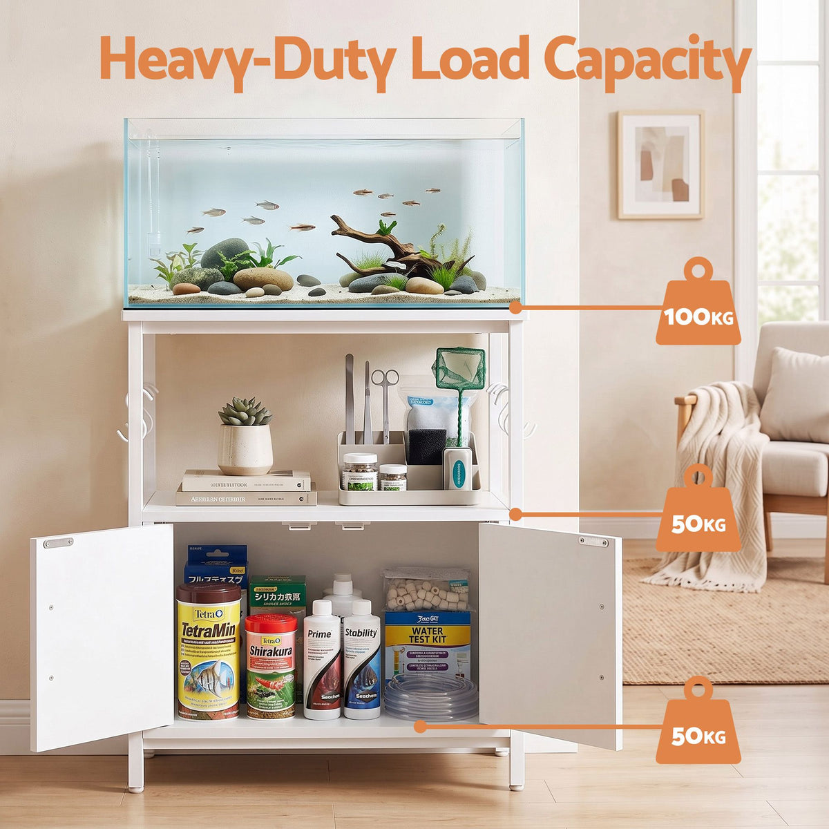 Artiss 20 Gallon Fish Tank Stand 3-Tier Aquarium Stand with Storage Cabinet and Open Shelf White-Furniture > Living Room > Bookcases &amp; Shelves-PEROZ Accessories