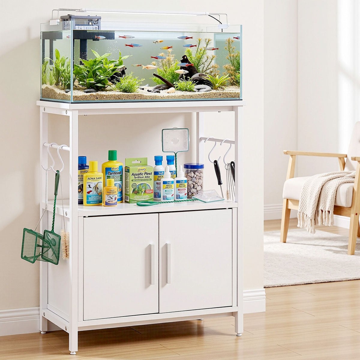 Artiss 20 Gallon Fish Tank Stand 3-Tier Aquarium Stand with Storage Cabinet and Open Shelf White-Furniture > Living Room > Bookcases &amp; Shelves-PEROZ Accessories