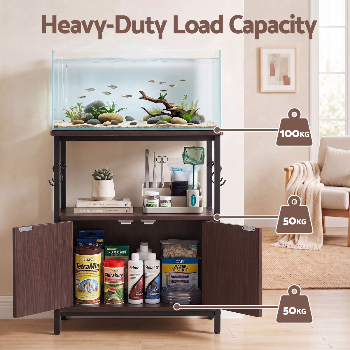 Artiss 20 Gallon Fish Tank Stand 3-Tier Aquarium Stand with Storage Cabinet and Open Shelf Walnut-Furniture > Living Room > Bookcases &amp; Shelves-PEROZ Accessories