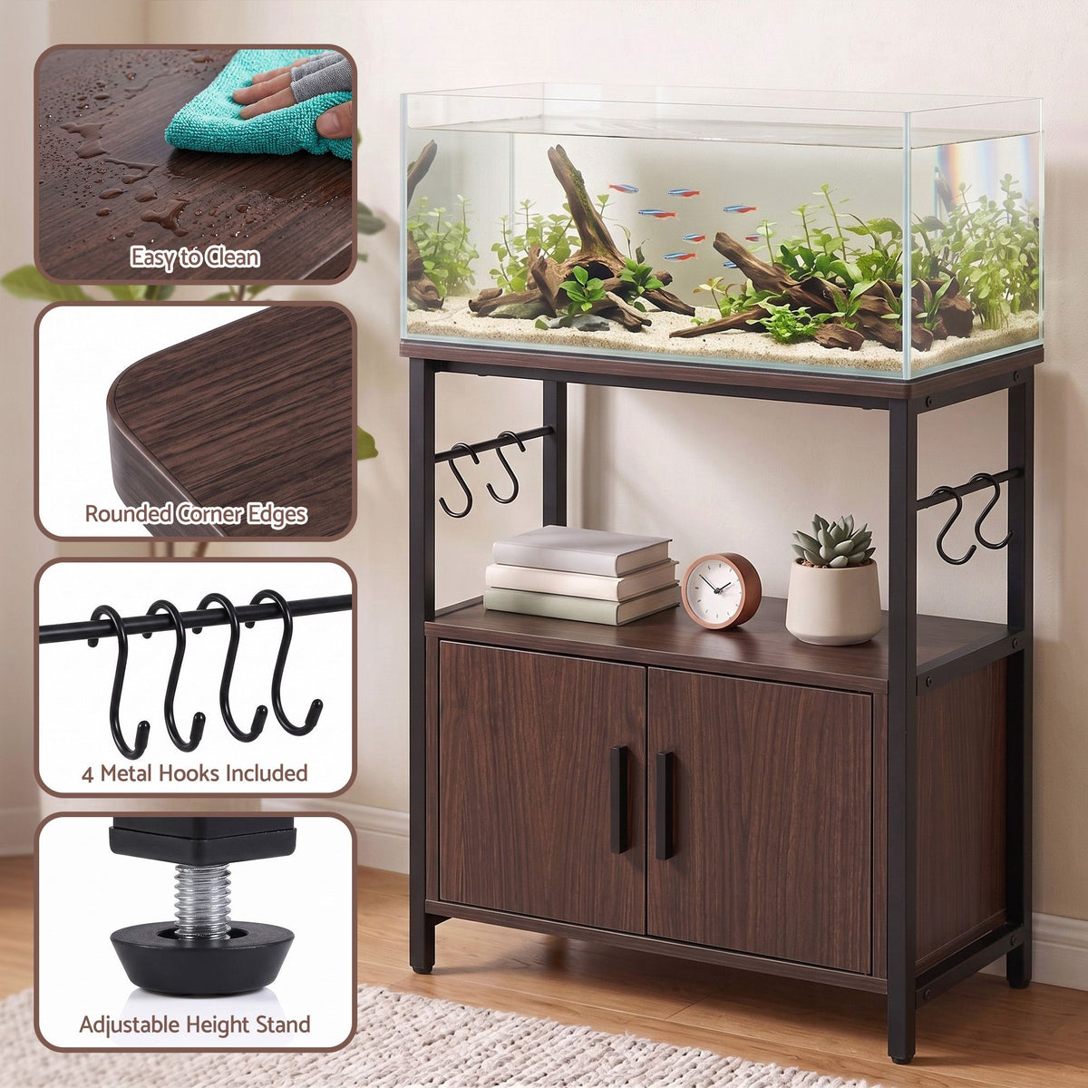Artiss 20 Gallon Fish Tank Stand 3-Tier Aquarium Stand with Storage Cabinet and Open Shelf Walnut-Furniture > Living Room > Bookcases &amp; Shelves-PEROZ Accessories