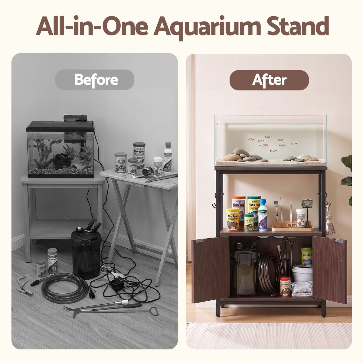 Artiss 20 Gallon Fish Tank Stand 3-Tier Aquarium Stand with Storage Cabinet and Open Shelf Walnut-Furniture > Living Room > Bookcases &amp; Shelves-PEROZ Accessories
