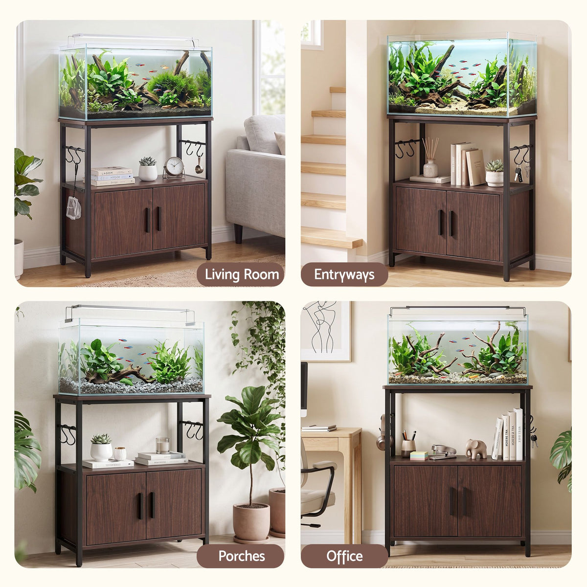 Artiss 20 Gallon Fish Tank Stand 3-Tier Aquarium Stand with Storage Cabinet and Open Shelf Walnut-Furniture > Living Room > Bookcases &amp; Shelves-PEROZ Accessories