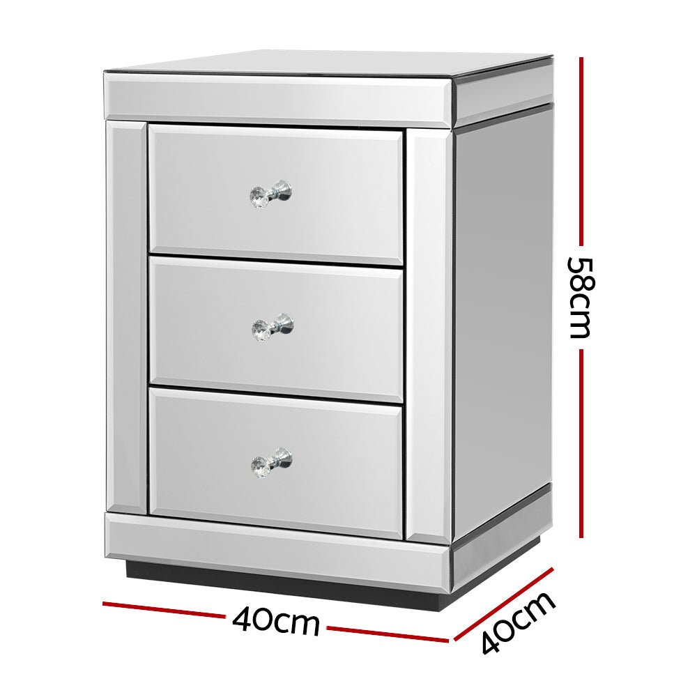 Artiss Bedside Table 3 Drawers Mirrored - PRESIA Silver-Bedside Tables-PEROZ Accessories