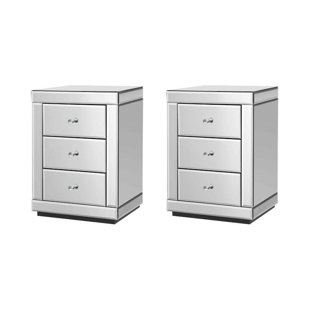 Artiss Set of 2 Bedside Table 3 Drawers Mirrored Glass - PRESIA Silver-Bedside Tables-PEROZ Accessories