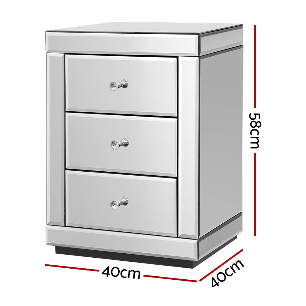 Artiss Set of 2 Bedside Table 3 Drawers Mirrored Glass - PRESIA Silver-Bedside Tables-PEROZ Accessories