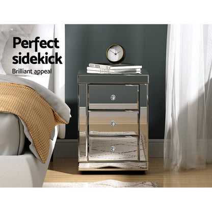 Artiss Set of 2 Bedside Table 3 Drawers Mirrored Glass - PRESIA Silver-Bedside Tables-PEROZ Accessories
