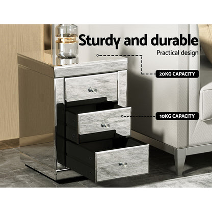 Artiss Set of 2 Bedside Table 3 Drawers Mirrored Glass - PRESIA Silver-Bedside Tables-PEROZ Accessories