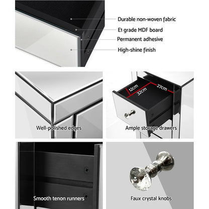 Artiss Set of 2 Bedside Table 3 Drawers Mirrored Glass - PRESIA Silver-Bedside Tables-PEROZ Accessories