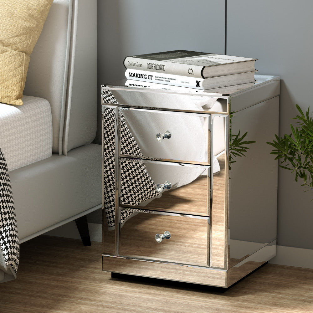 Artiss Set of 2 Bedside Table 3 Drawers Mirrored Glass - PRESIA Silver-Bedside Tables-PEROZ Accessories