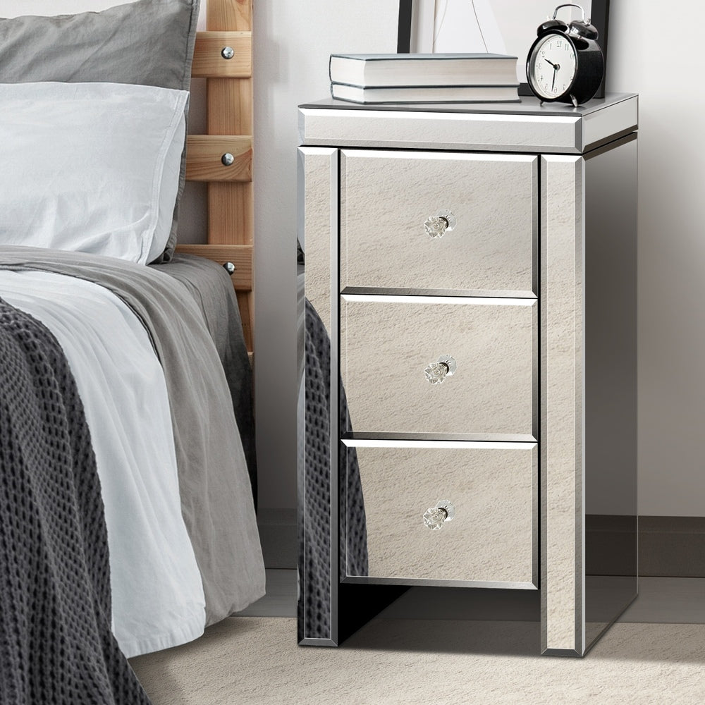 Oikiture Bedside Table, 3 Drawers Mirrored Nightstand Bedroom Storage Cabiner End Table-BedSide Tabless-PEROZ Accessories