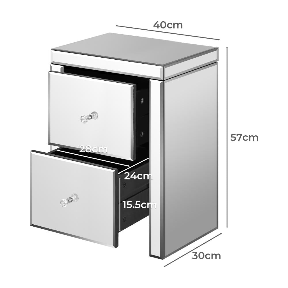 Oikiture Mirrored Bedside Table with 2 Drawers Home Storage Cabiner Nightstand End Table-BedSide Tabless-PEROZ Accessories