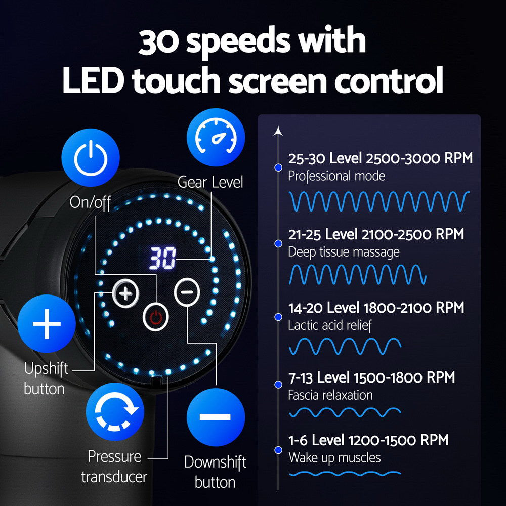 Everfit Massage Gun 30 Speed 6 Heads Vibration Muscle Massager Chargeable Black-Health &amp; Beauty &gt; Massage &amp; Relaxation &gt; Massagers-PEROZ Accessories