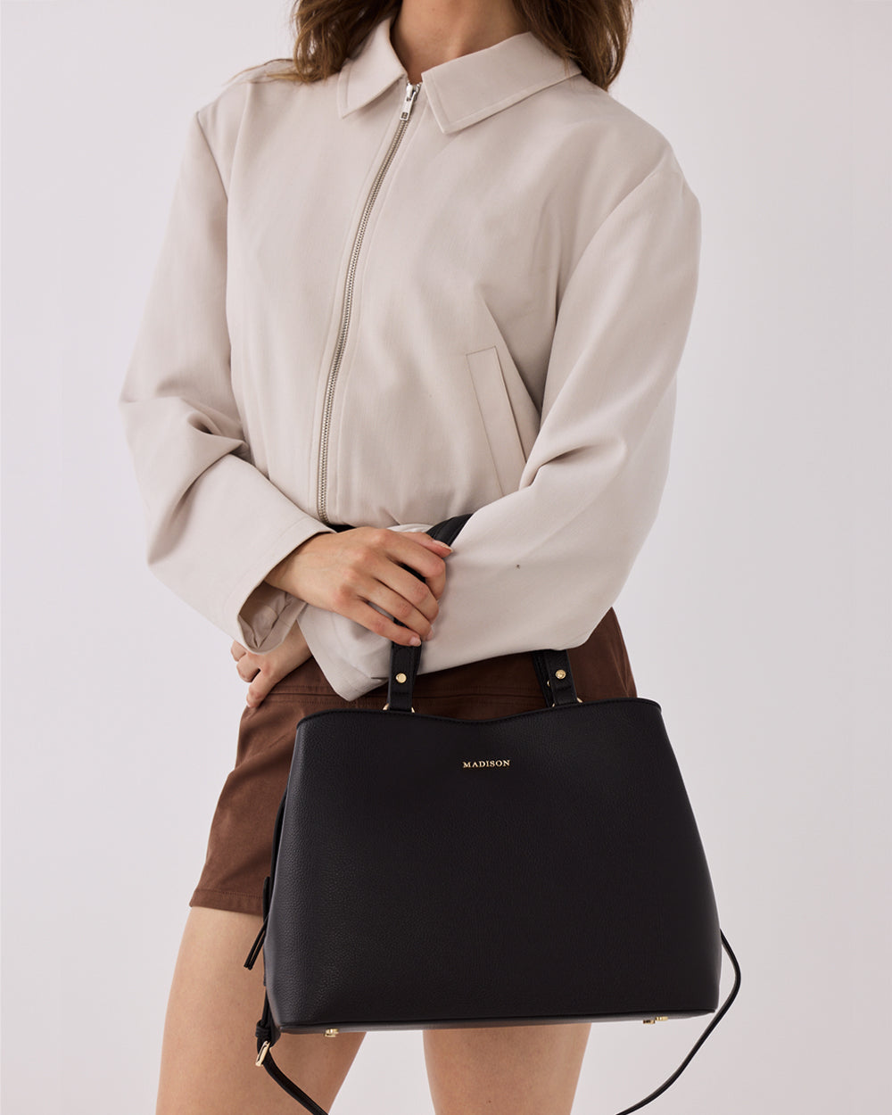 Katherine Medium Satchel With 3 Compartments &amp; Crossbody Strap-Handbags-PEROZ Accessories