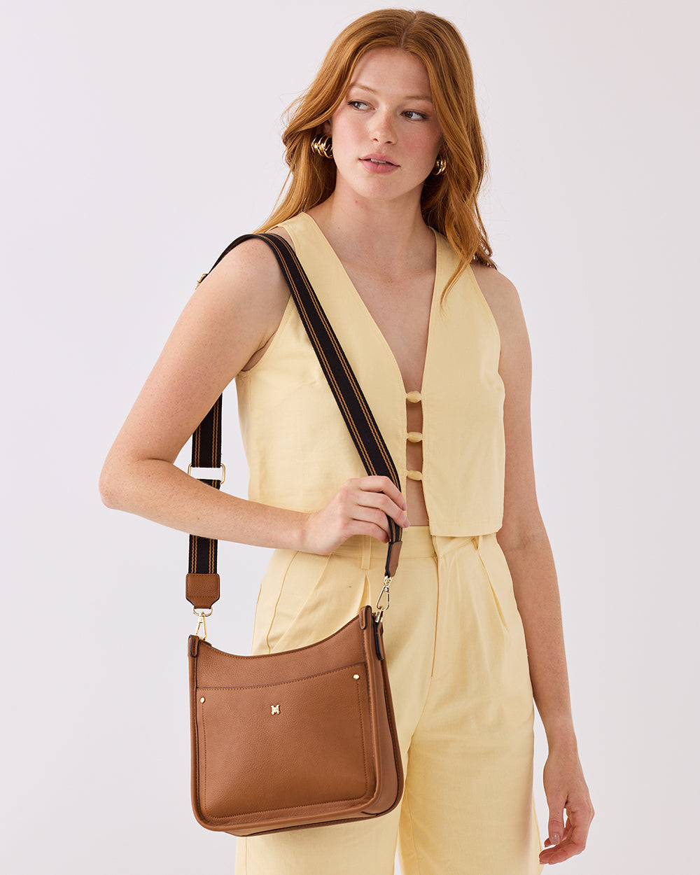 Paula Sling Zip Top Crossbody Bag With Stripe Webbing Strap-Handbags-PEROZ Accessories