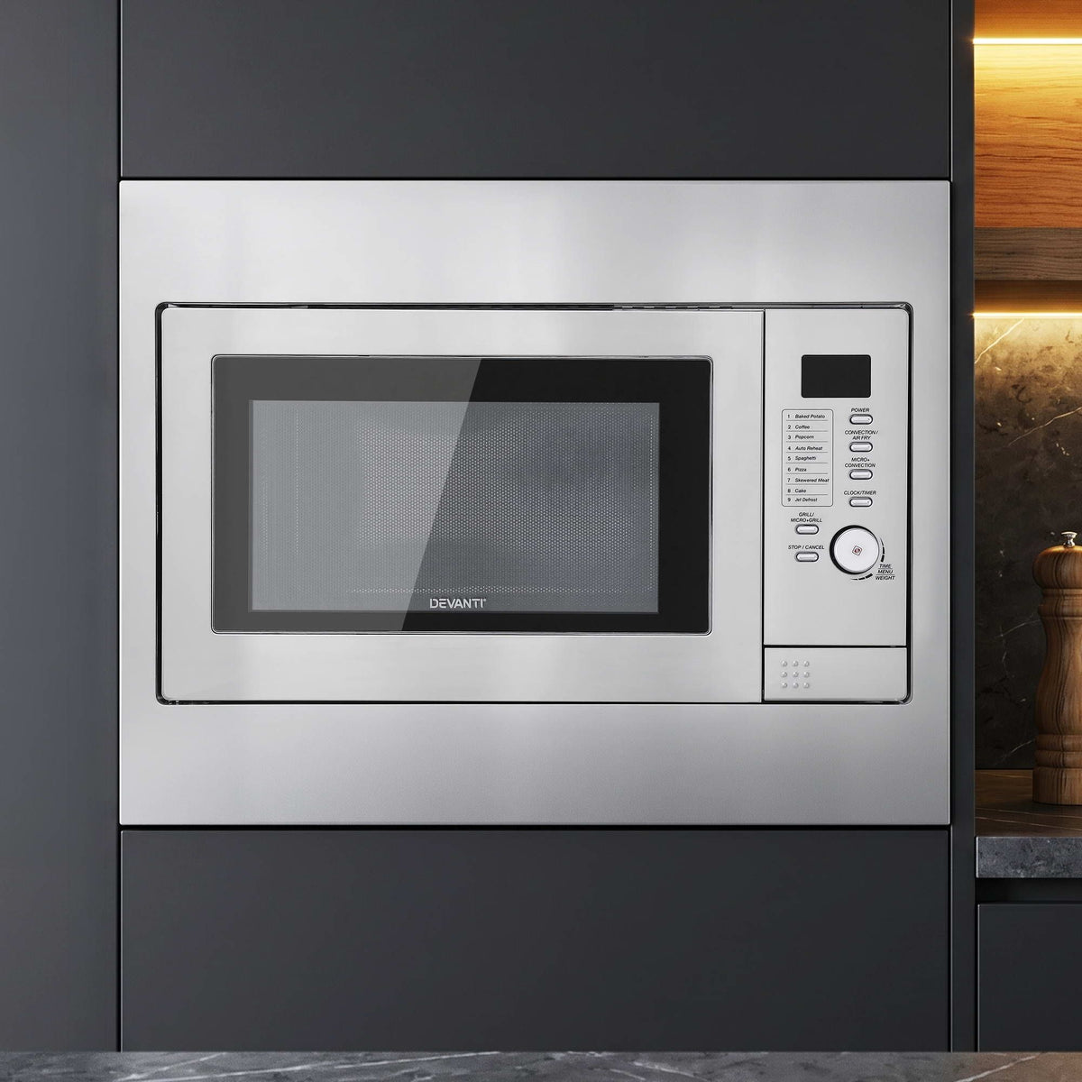 Devanti Built In Microwave Oven 30L Grill Air Fry Convection Silver-Appliances > Kitchen Appliances > Microwave Ovens-PEROZ Accessories