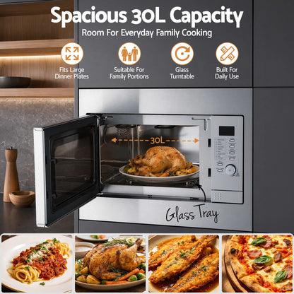 Devanti Built In Microwave Oven 30L Grill Air Fry Convection Silver-Appliances > Kitchen Appliances > Microwave Ovens-PEROZ Accessories