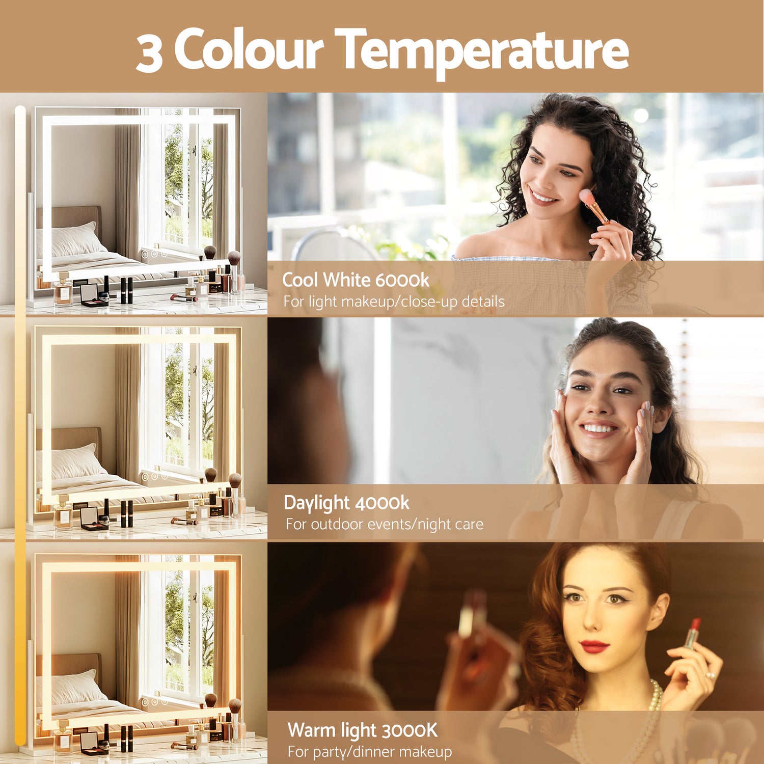 80x65cm Embellir Makeup Mirror Hollywood Vanity with LED Light White Frame-Makeup Mirrors-PEROZ Accessories