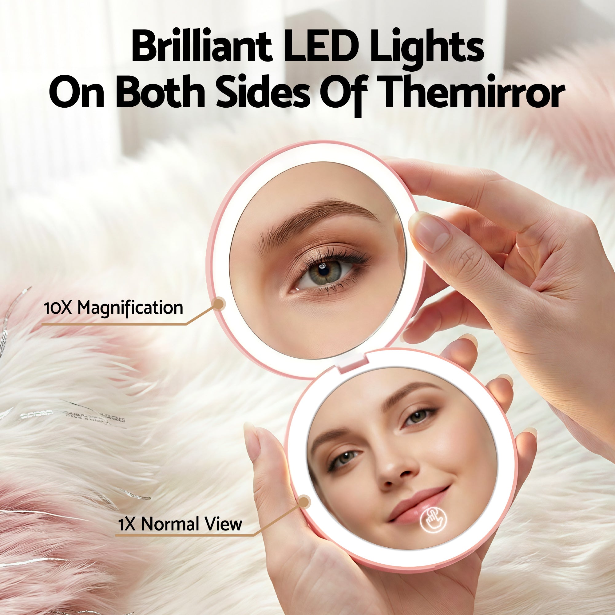 Embellir LED Compact Mirror Lighted Travel Makeup Mirror Pocket-Sized 1x 10x Magnification Round Pink-Health &amp; Beauty > Makeup > Makeup Mirrors-PEROZ Accessories