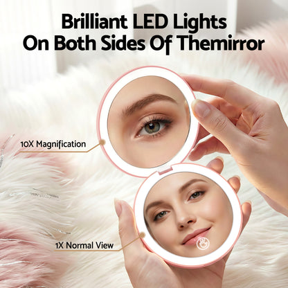 Embellir LED Compact Mirror Lighted Travel Makeup Mirror Pocket-Sized 1x 10x Magnification Round Pink-Health &amp; Beauty > Makeup > Makeup Mirrors-PEROZ Accessories