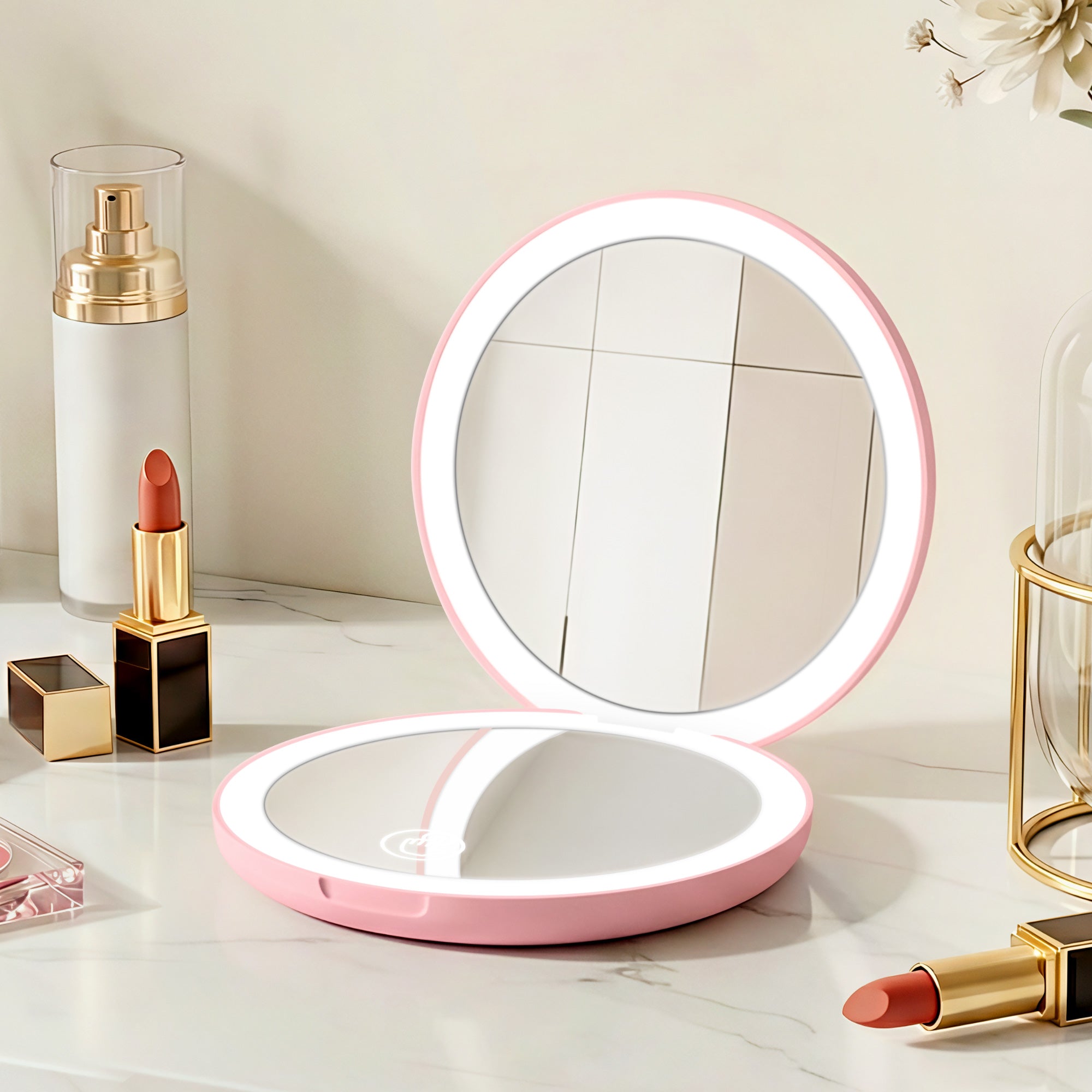Embellir LED Compact Mirror Lighted Travel Makeup Mirror Pocket-Sized 1x 10x Magnification Round Pink-Health &amp; Beauty > Makeup > Makeup Mirrors-PEROZ Accessories