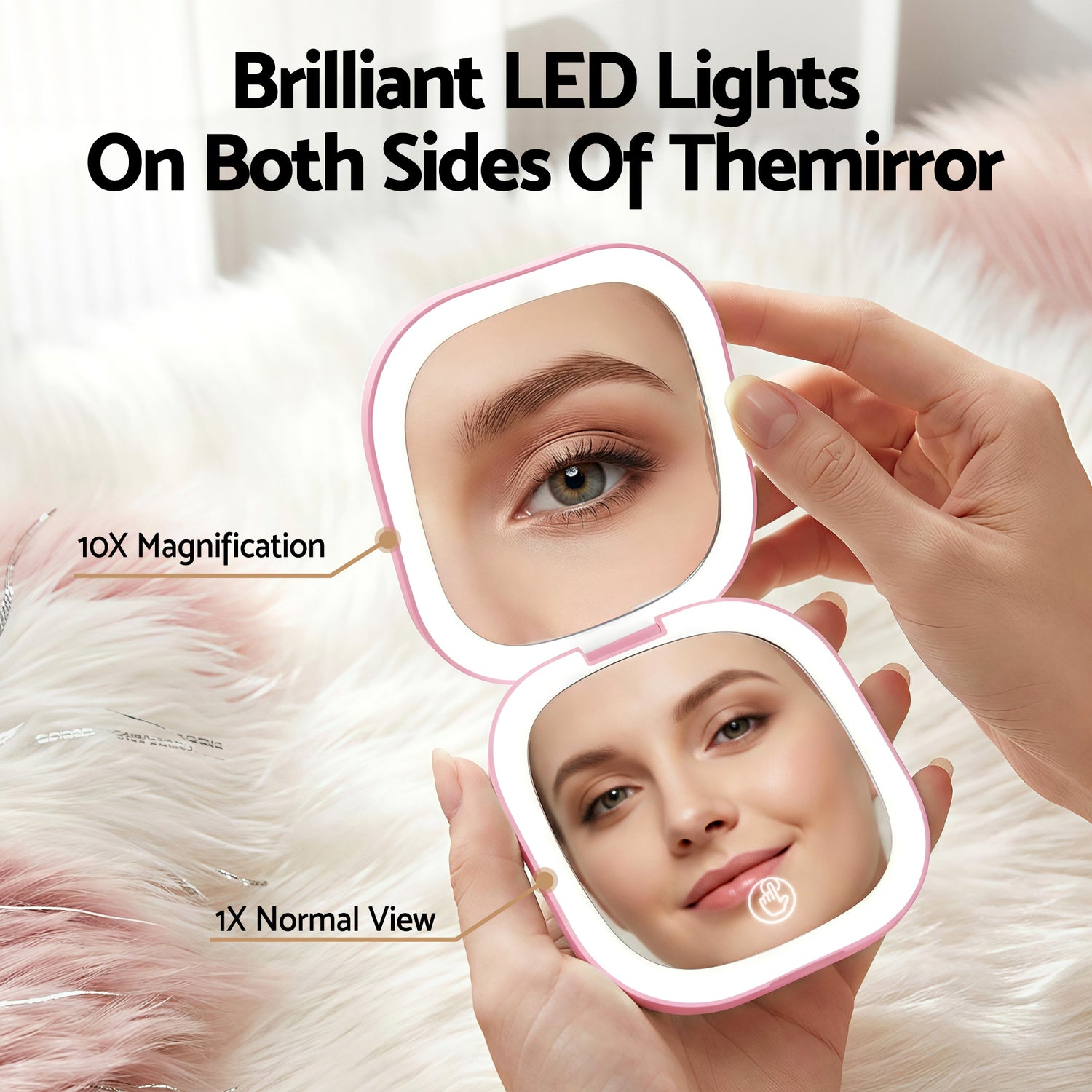 Embellir LED Compact Mirror Lighted Travel Makeup Mirror Pocket-Sized 1x 10x Magnification Square Pink-Health &amp; Beauty > Makeup > Makeup Mirrors-PEROZ Accessories