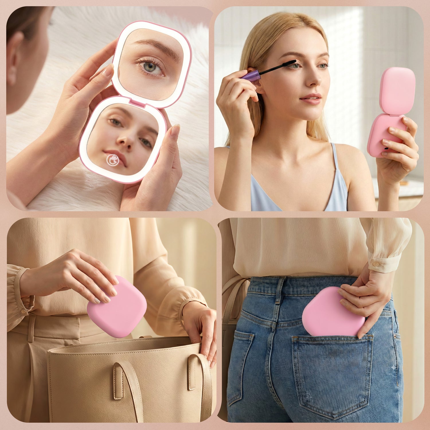 Embellir LED Compact Mirror Lighted Travel Makeup Mirror Pocket-Sized 1x 10x Magnification Square Pink-Health &amp; Beauty > Makeup > Makeup Mirrors-PEROZ Accessories