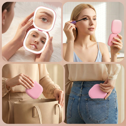 Embellir LED Compact Mirror Lighted Travel Makeup Mirror Pocket-Sized 1x 10x Magnification Square Pink-Health &amp; Beauty > Makeup > Makeup Mirrors-PEROZ Accessories