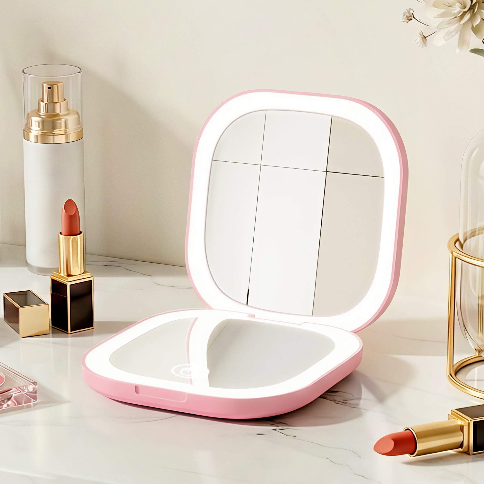 Embellir LED Compact Mirror Lighted Travel Makeup Mirror Pocket-Sized 1x 10x Magnification Square Pink-Health &amp; Beauty > Makeup > Makeup Mirrors-PEROZ Accessories