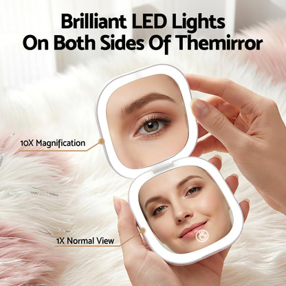 Embellir LED Compact Mirror Lighted Travel Makeup Mirror Pocket-Sized 1x 10x Magnification Square White-Health &amp; Beauty > Makeup > Makeup Mirrors-PEROZ Accessories