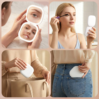Embellir LED Compact Mirror Lighted Travel Makeup Mirror Pocket-Sized 1x 10x Magnification Square White-Health &amp; Beauty > Makeup > Makeup Mirrors-PEROZ Accessories