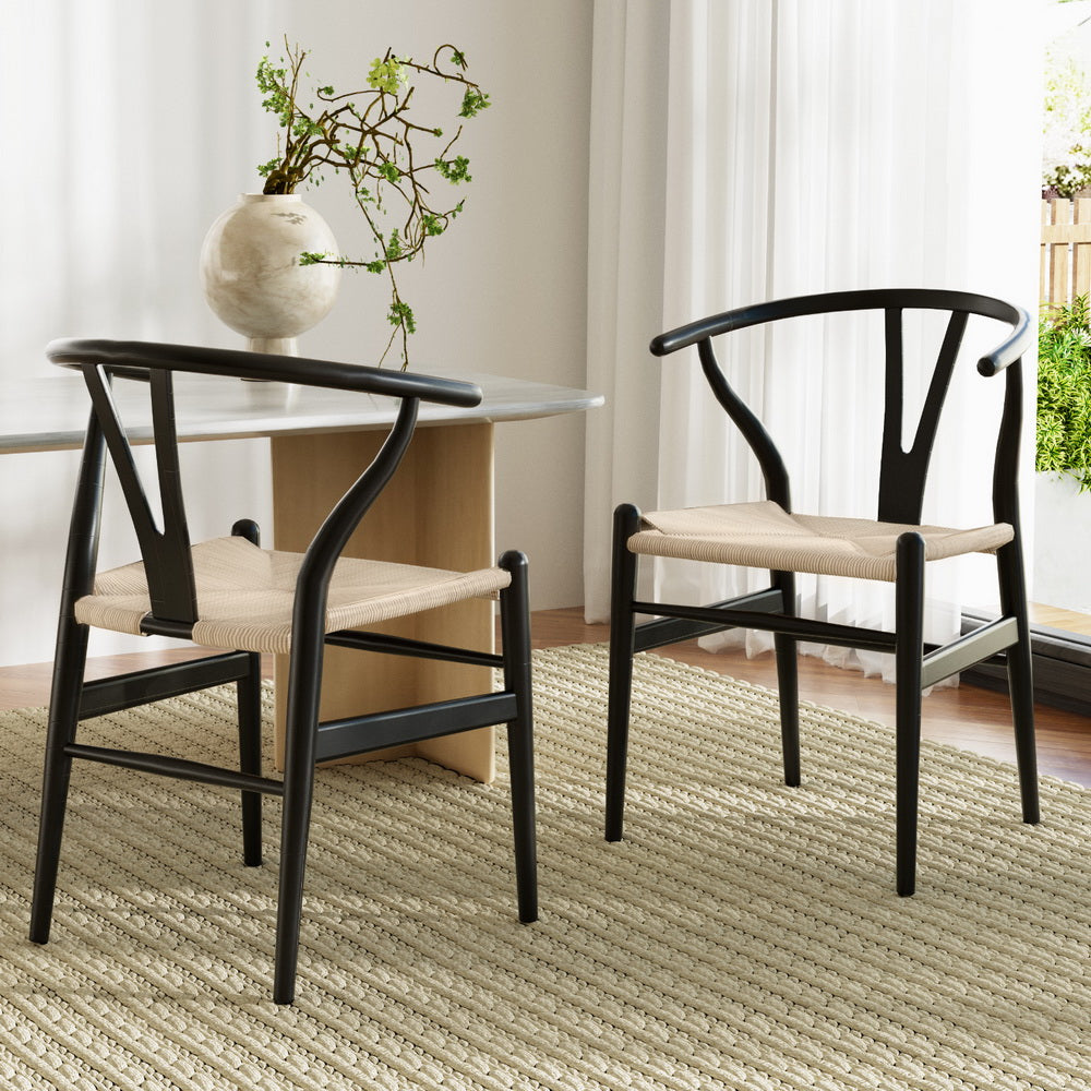1 Set of 2 Artiss Dining Chairs Wooden Rattan Wishbone Black-Furniture &gt; Dining &gt; Kitchen &amp; Dining Chairs-PEROZ Accessories