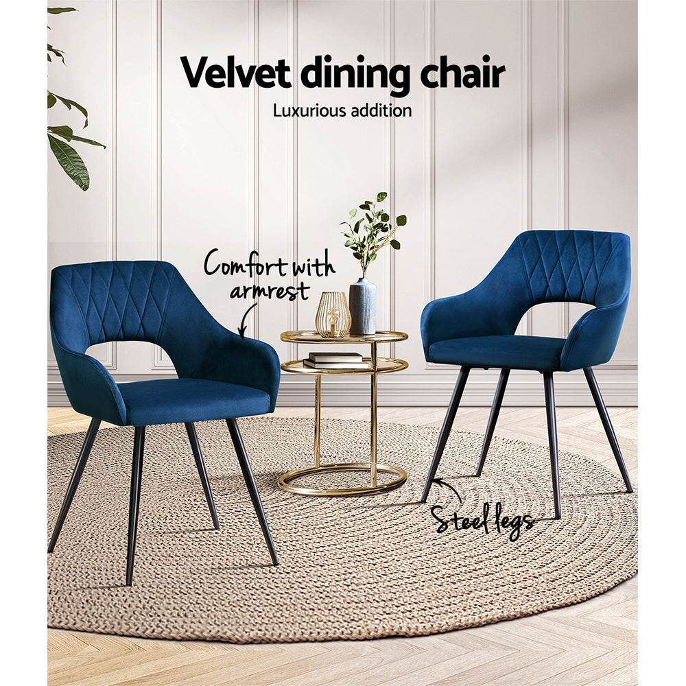Artiss Dining Chairs Set of 2 Velvet Hollow Armchair Blue-Dining Chairs-PEROZ Accessories