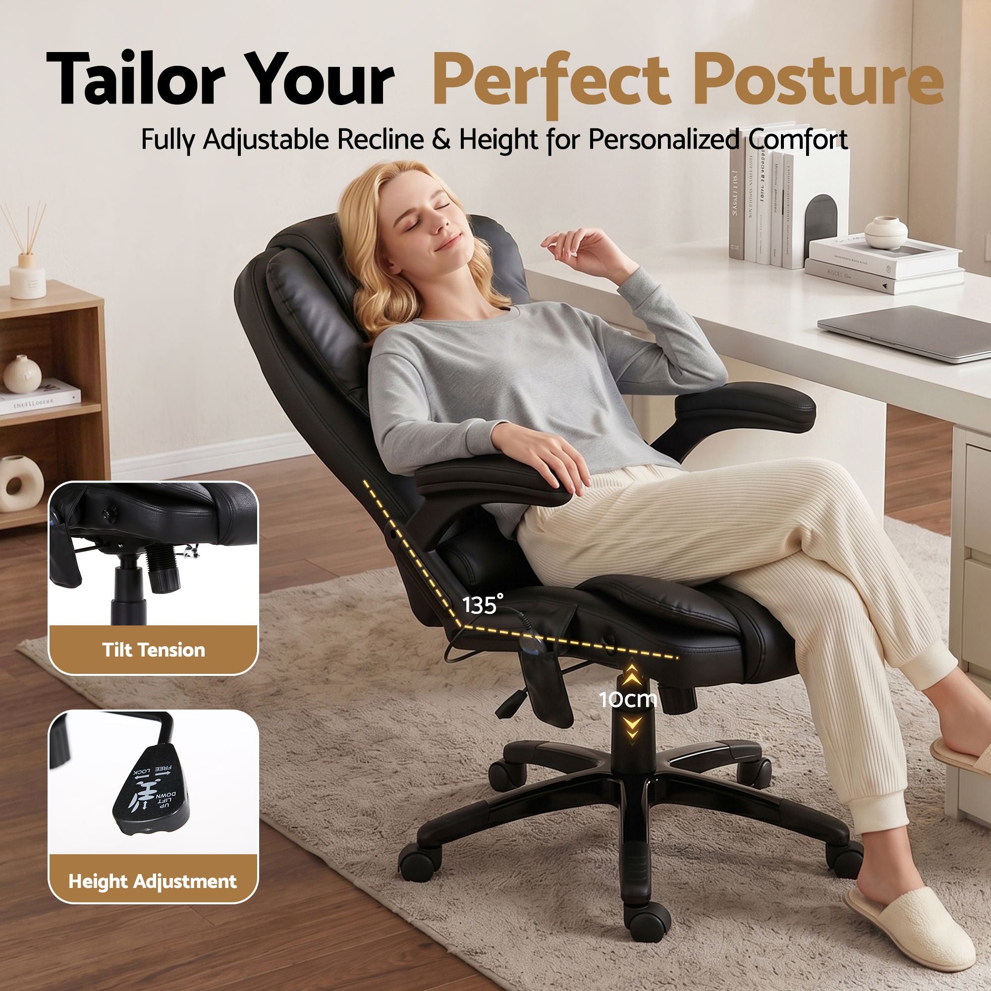 Artiss 8 Point Massage Office Chair Heated Seat Recliner PU Black-Furniture > Office-PEROZ Accessories