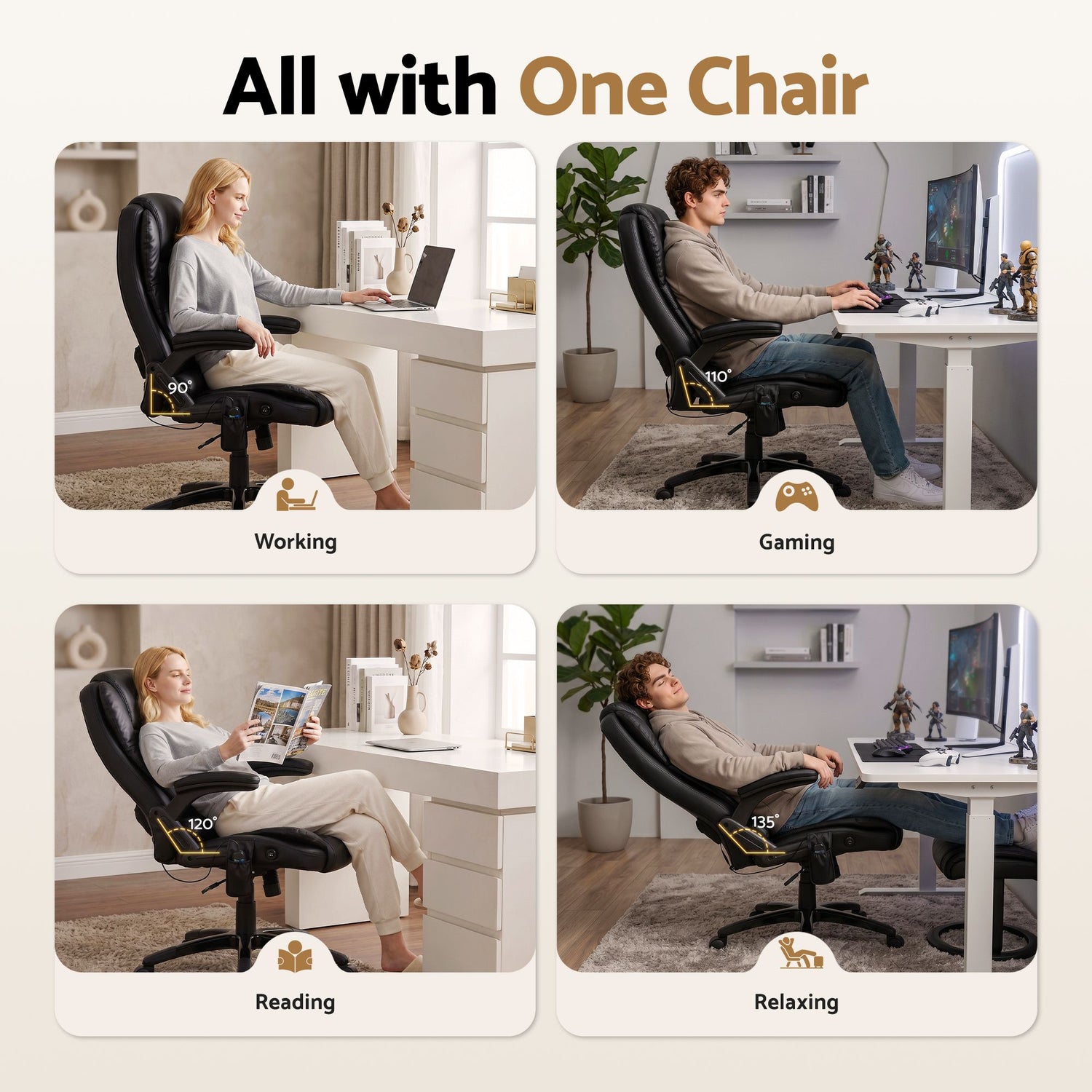 Artiss 8 Point Massage Office Chair Heated Seat Recliner PU Black-Furniture > Office-PEROZ Accessories