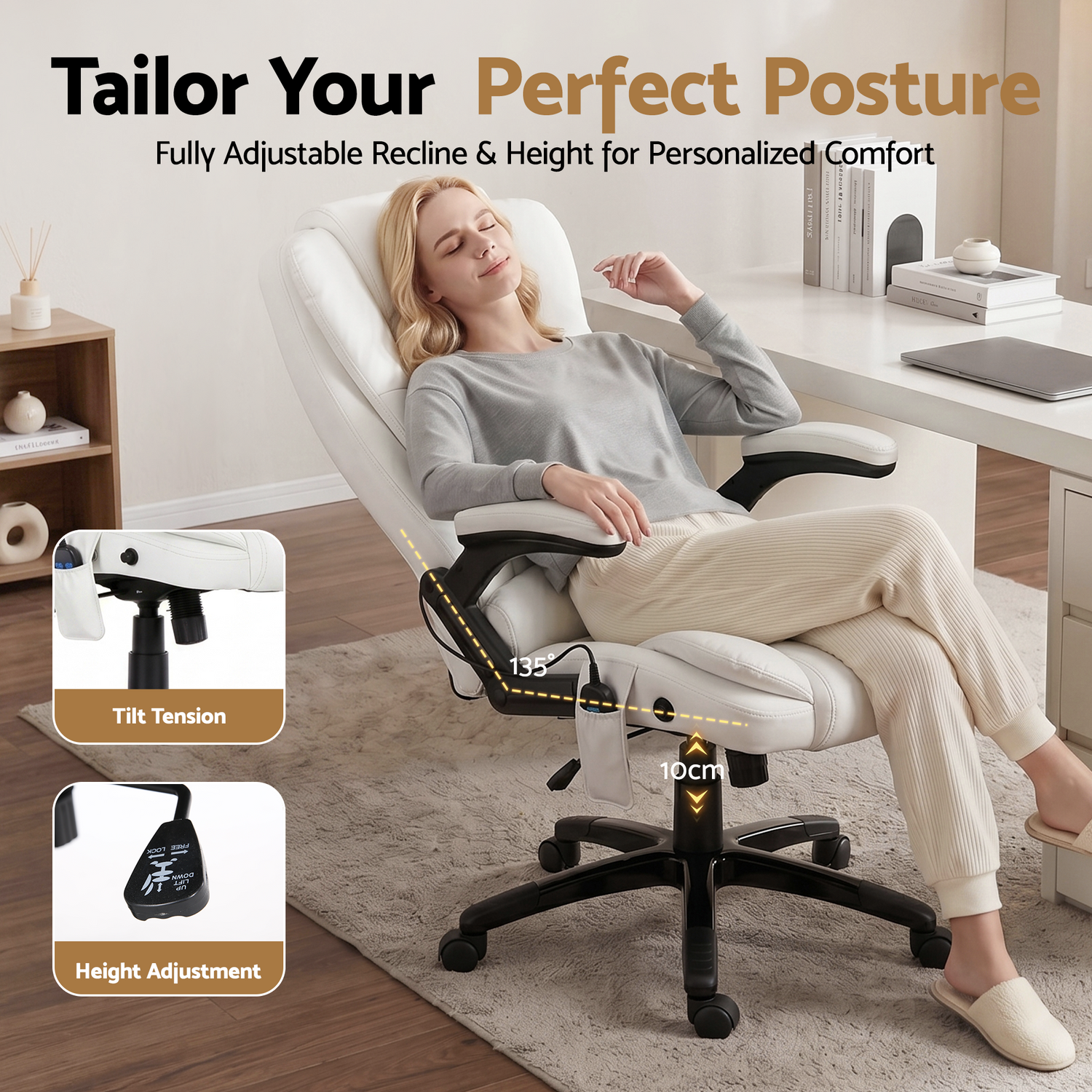 Artiss 8 Point Massage Office Chair Heated Seat Recliner PU White-Furniture > Office-PEROZ Accessories