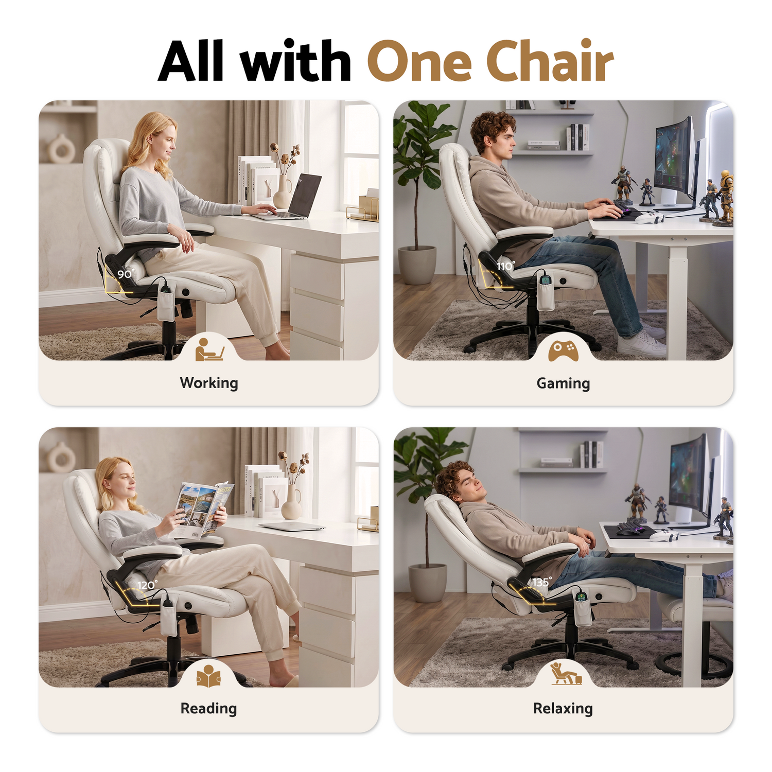 Artiss 8 Point Massage Office Chair Heated Seat Recliner PU White-Furniture > Office-PEROZ Accessories
