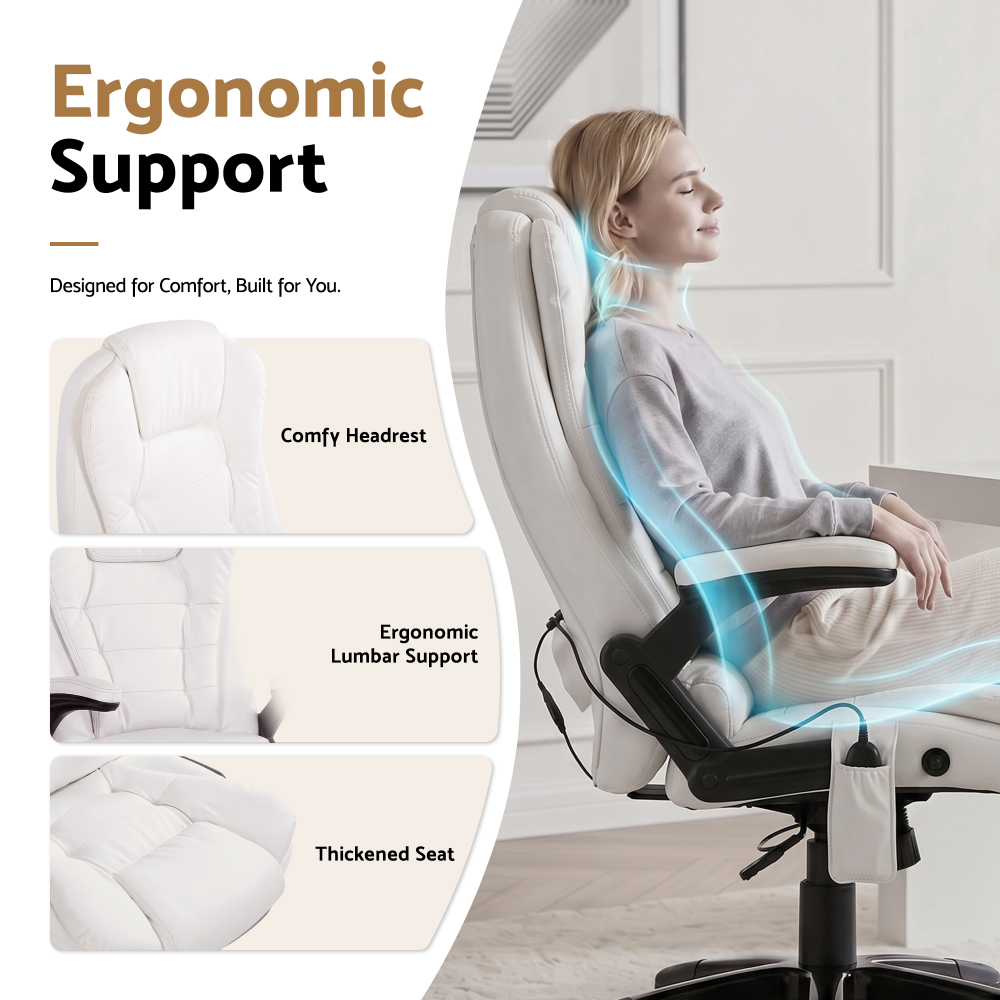 Artiss 8 Point Massage Office Chair Heated Seat Recliner PU White-Furniture > Office-PEROZ Accessories