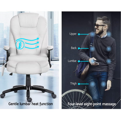 Artiss 8 Point Massage Office Chair Heated Seat Recliner PU White-Furniture &gt; Office-PEROZ Accessories