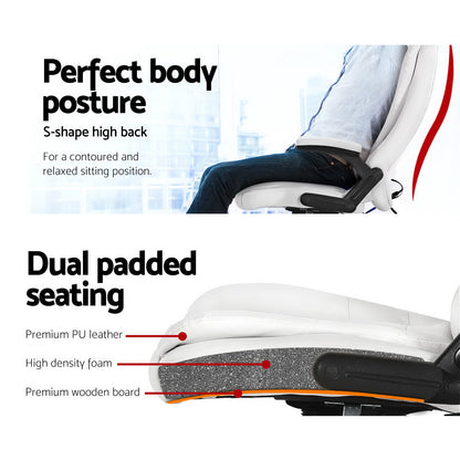 Artiss 8 Point Massage Office Chair Heated Seat Recliner PU White-Furniture &gt; Office-PEROZ Accessories