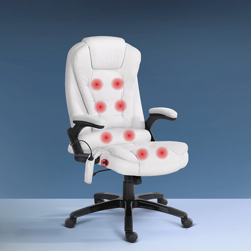 Artiss 8 Point Massage Office Chair Heated Seat Recliner PU White-Furniture &gt; Office-PEROZ Accessories