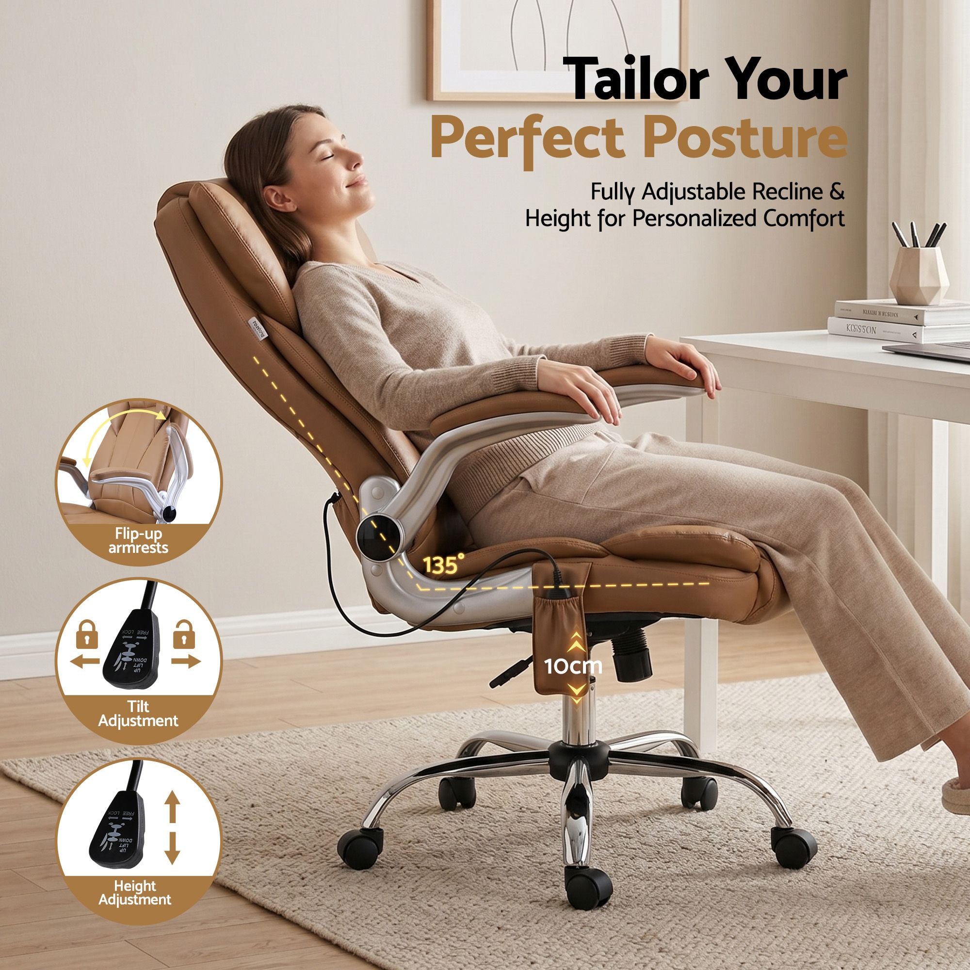 Artiss 8 Point Massage Office Chair PU Leather Espresso-Office Chairs-PEROZ Accessories